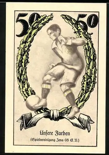Notgeld Jena 1921, 50 Pfennig, Fussballspieler der Spielvereinigung Jena 08 im Lorbeerkranz