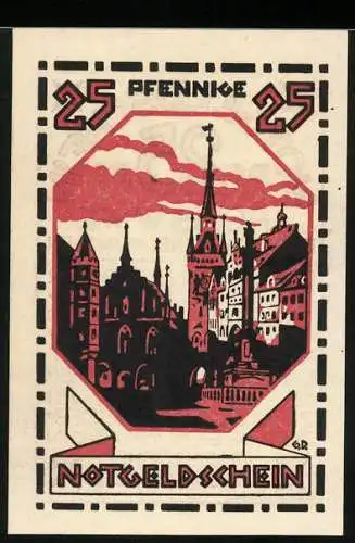 Notgeld München, 1920, 25 Pfennig, Buchdruckerei J. Reiss, Altstadt mit Türmen und Text über Gültigkeit