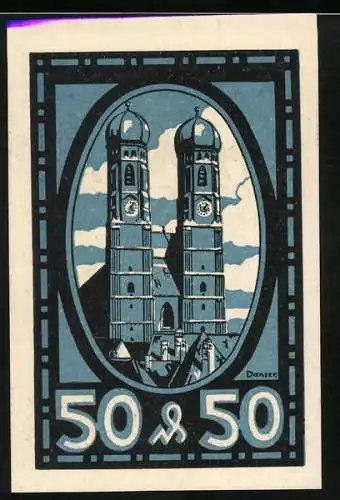 Notgeld München, 1920, 50 Pf, Buchdruckerei J. Reiss, Frauenkirche und Gebrauchshinweise