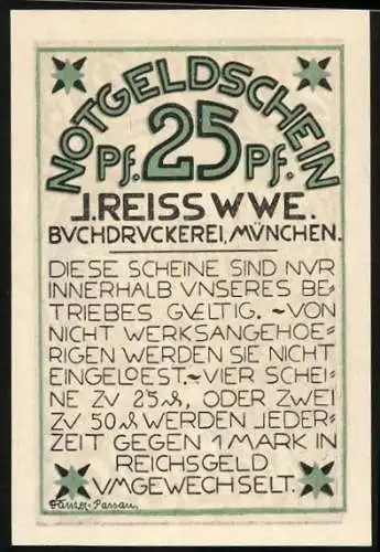 Notgeld München, 25 Pf, Gebäude mit Brücke und Fluss, Buchdruckerei J. Reiss Wwe