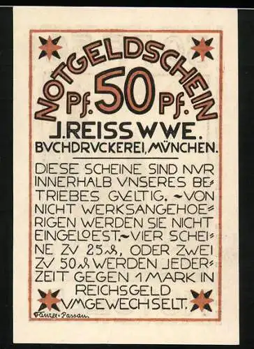 Notgeld München, 50 Pf, J. Reiss Buchdruckerei, Illustration einer Kirche und Gebäude