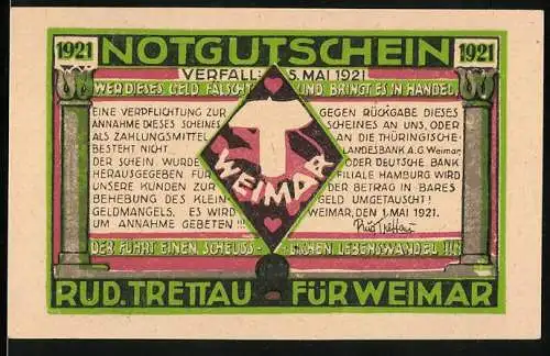 Notgeld Weimar 1919, 50 Pfennige, Stadtansicht und Schriftzug, Rückseite mit Portrait Rud. Trettau und Inschriften