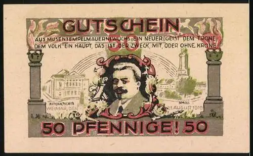 Notgeld Weimar 1919, 50 Pfennige, Stadtansicht und Schriftzug, Rückseite mit Portrait Rud. Trettau und Inschriften