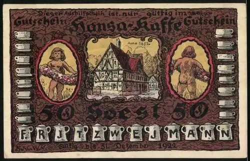 Notgeld Soest, 1922, 50 Pfennig, Hansa-Kaffee Gutschein mit Haus und Blumenmädchen Illustrationen