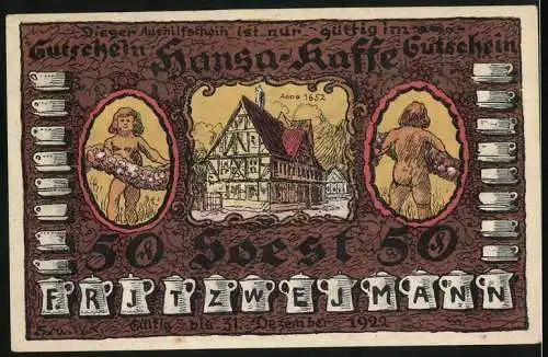 Notgeld Soest, 1920, 50 Pfennig, St. Nicolai-Kapelle und Hansa-Kaffee-Gutschein, Fritz Weijmann