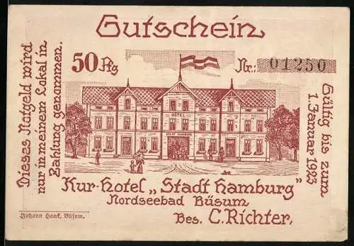 Notgeld Büsum, 1923, 50 Pfennig, Kur-Hotel Stadt Hamburg Gutschein mit Hafenansicht und Gedicht