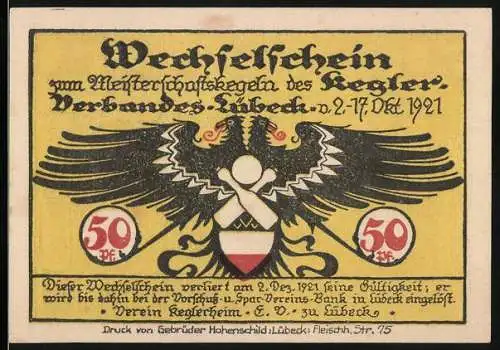 Notgeld Lübeck 1921, 50 Pf, Wechselschein Meisterschaftskegeln des Kegler-Verbandes, Adler, Kegler beim Freiluftkegeln