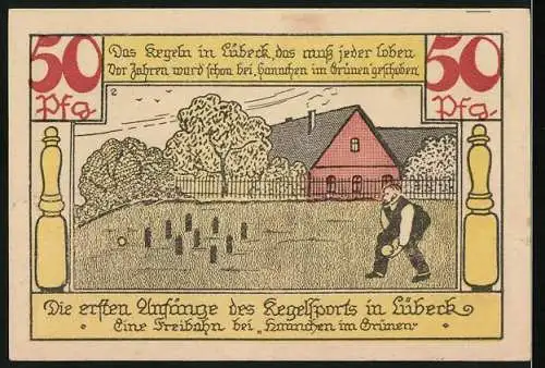 Notgeld Lübeck 1921, 50 Pf, Wechselschein Meisterschaftskegeln des Kegler-Verbandes, Adler, Kegler beim Freiluftkegeln