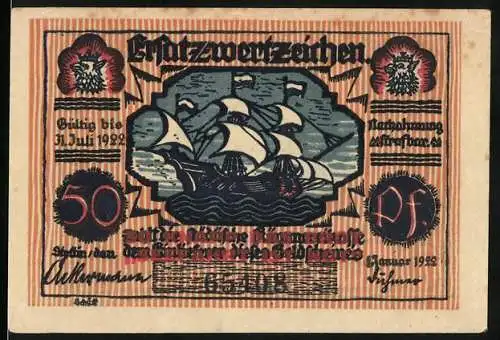 Notgeld Stettin 1922, 50 Pfennig, Schiff und Karl Löwe Abbildung