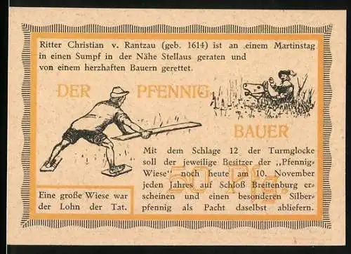 Notgeld Stellau, 1921, 50 Pfennig, Darstellung der Pfennigwiese und Ritter Christian v. Rantzau, gültig bis Mai 1922