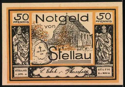 Notgeld Stellau, 1921, 50 Pfennig, Darstellung der Pfennigwiese und Ritter Christian v. Rantzau, gültig bis Mai 1922