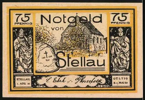 Notgeld Stellau, 1921, 75 Pfennig, Abbildung einer Kirche mit Sagenmotiv und Teufelsfigur