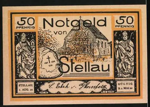 Notgeld Stellau, 1921, 50 Pfennig, Im Dunkel der Gegenwart Die Jugend die Hoffnung, Kirche und Heilige