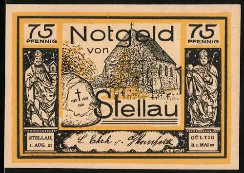 Notgeld Stellau, 1921, 75 Pfennig, Kirche und Schlachtfest-Szene