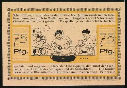 Notgeld Stellau, 1921, 75 Pfennig, Kirche und Schlachtfest-Szene