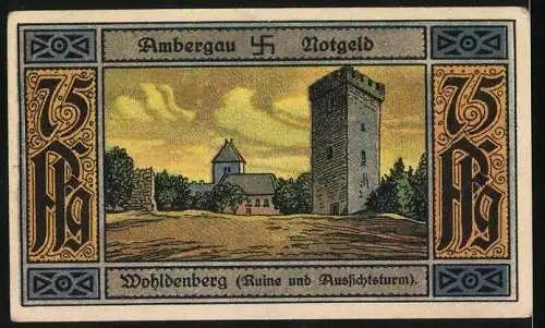 Notgeld Bockenem / Ambergau, 1923, 75 Pfennig, Burgruine und Aussichtsturm Wohldenberg, Swastika