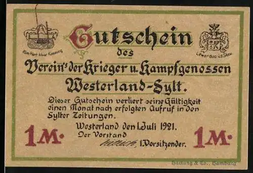 Notgeld Westerland - Sylt, 1921, 1 Mark, Verein der Krieger u. Kampfgenossen, Ehrenfriedhof der Gefallenen von SMS Köln