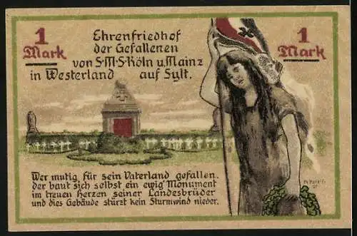 Notgeld Westerland - Sylt, 1921, 1 Mark, Verein der Krieger u. Kampfgenossen, Ehrenfriedhof der Gefallenen von SMS Köln