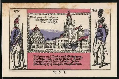 Notgeld Stargard / Pommern, 1918, 1 Mark, Marktplatz mit Rathaus, Soldaten mit Gewehren, Grenadierdenkmal