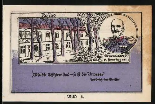 Notgeld Stargard / Pommern, 1 Mark, Gutsschein der Kolbergischen Grenadiere mit Generaloberst von Herringen und Soldat
