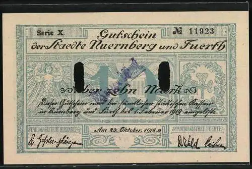 Notgeld Nürnberg - Fürth 1918, 10 Mark, Gutschein der Städte Nürnberg und Fürth, Serie X, Nr. 11923