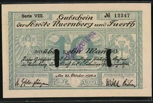 Notgeld Nürnberg - Fürth 1918, 10 Mark, Gutschein der Städte Nürnberg und Fürth, Serie VIII, Nr. 12347