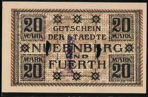 Notgeld Nürnberg - Fürth 1918, 20 Mark, Gutschein der Städte mit Seriennummer 548879