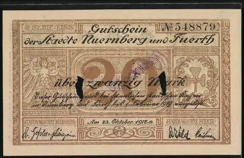 Notgeld Nürnberg - Fürth 1918, 20 Mark, Gutschein der Städte mit Seriennummer 548879