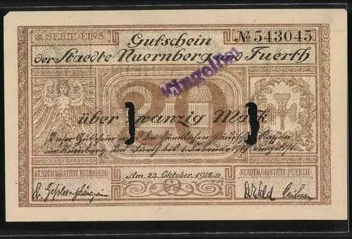 Notgeld Nürnberg - Fürth, 1918, 20 Mark, Gutschein der Städte Nürnberg und Fürth, Seriennummer 543045