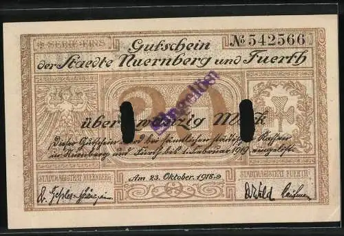 Notgeld Nürnberg - Fürth, 1918, 20 Mark, Gutschein der Städte Nürnberg und Fürth, Seriennummer 542566