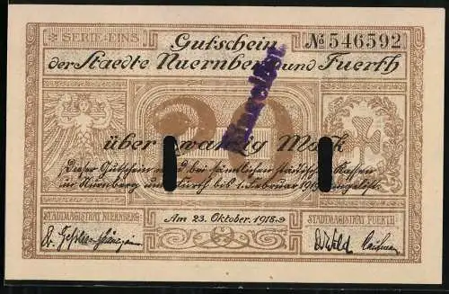 Notgeld Nürnberg - Fürth 1918, 20 Mark, Gutschein der Stadte Nuernberg und Fuerth, Serien A, Nummer 546592