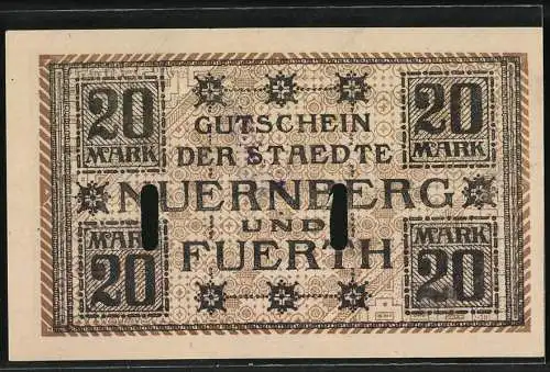 Notgeld Nürnberg - Fürth 1918, 20 Mark, Gutschein der Stadte Nuernberg und Fuerth, Serien A, Nummer 546592