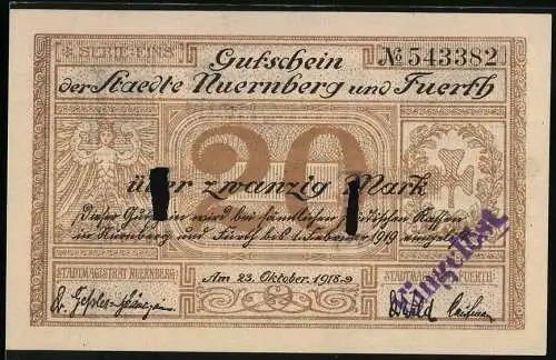 Notgeld Nürnberg - Fürth, 1918, 20 Mark, braun und schwarz, Stadtwappen und Engel