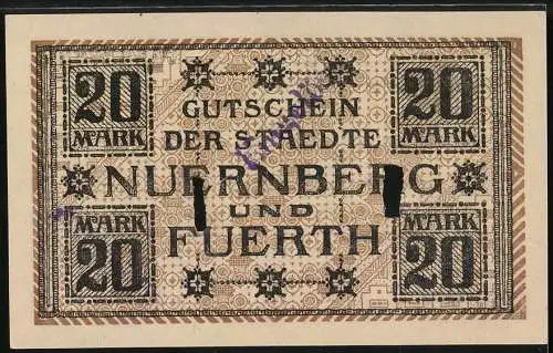 Notgeld Nürnberg - Fürth, 1918, 20 Mark, braun und schwarz, Stadtwappen und Engel