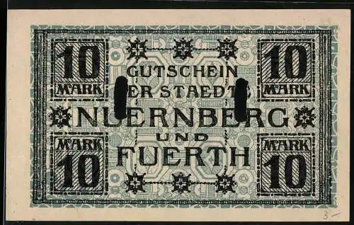 Notgeld Nürnberg - Fürth, 1918, 10 Mark, Gutschein der Städte Nürnberg und Fürth, Serie IX