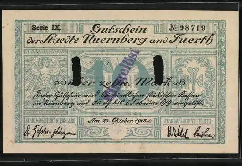 Notgeld Nürnberg - Fürth, 1918, 10 Mark, Gutschein der Städte Nürnberg und Fürth, Serie IX