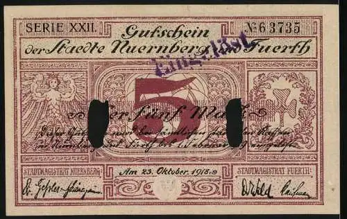 Notgeld Nürnberg - Fürth, 1918, 5 Mark, Gutschein der Städte Nürnberg und Fürth, Serie XXII, Nr. 66375