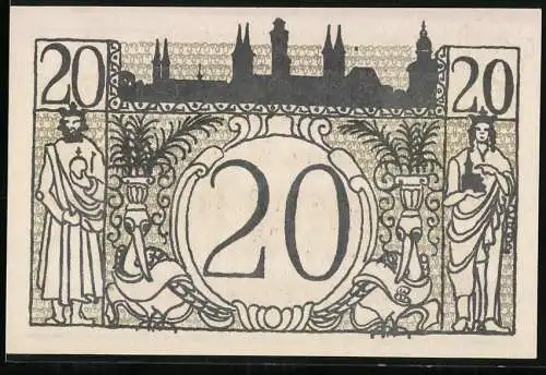 Notgeld Bamberg, 1918, 20 Mark, Stadtgemeinde Gutschein mit Stadtansicht und Wappen