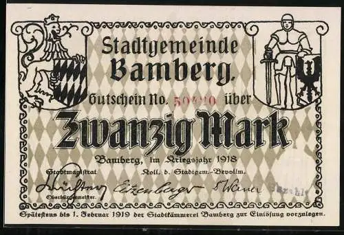 Notgeld Bamberg 1918, 20 Mark, Gutschein No. 50440 und Stadtansicht im Hintergrund