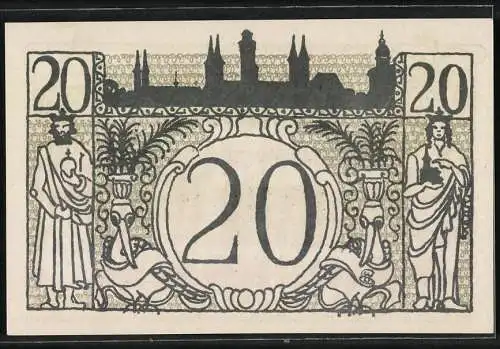 Notgeld Bamberg 1918, 20 Mark, Gutschein No. 50440 und Stadtansicht im Hintergrund