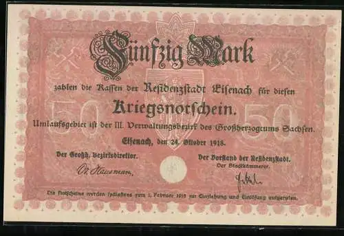 Notgeld Eisenach 1918, 50 Mark, Kriegsnotschein mit Stadtansicht und Figur, Seriennummer 13439