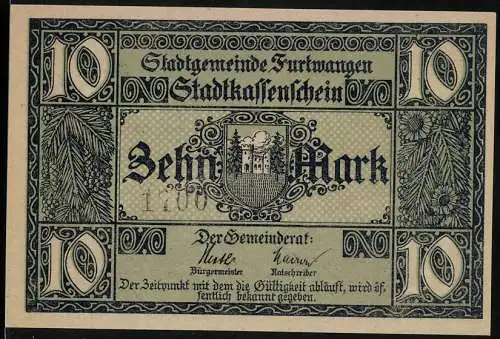 Notgeld Furtwangen, 1918, 10 Mark, Stadtkassenschein mit Burgmotiv und Skifahrer-Szene