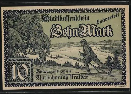 Notgeld Furtwangen, 1918, 10 Mark, Stadtkassenschein mit Burgmotiv und Skifahrer-Szene