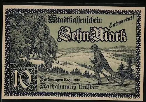 Notgeld Furtwangen 1918, 10 Mark, Skifahrer im Wald, Burgwappen und Tannenzweige