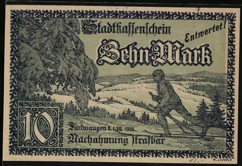 Notgeld Furtwangen 1918, 10 Mark, Skifahrer und Stadtwappen-Design, Entwertet