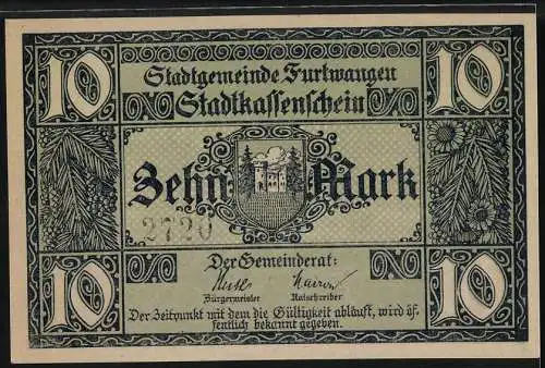 Notgeld Furtwangen 1918, 10 Mark, Skifahrer und Stadtwappen-Design, Entwertet