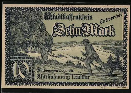 Notgeld Furtwangen 1918, 10 Mark, Skifahrer und Landschaftsszene, Stadtwappen und Ornamente