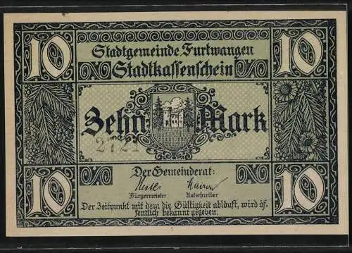 Notgeld Furtwangen 1918, 10 Mark, Skifahrer und Landschaftsszene, Stadtwappen und Ornamente