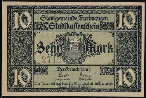 Notgeld Furtwangen, 1918, 10 Mark, Stadtkassenschein mit Skifahrer und Landschaftsmotiv