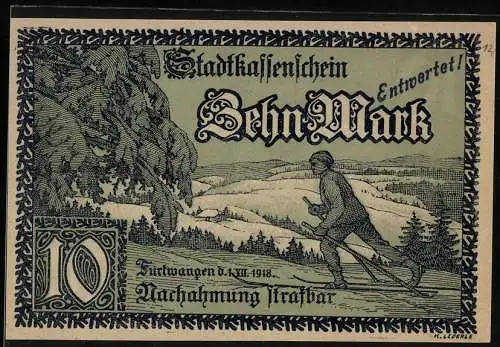 Notgeld Furtwangen 1918, 10 Mark, Skifahrer vor Berglandschaft und Stadtsiegel mit Burg